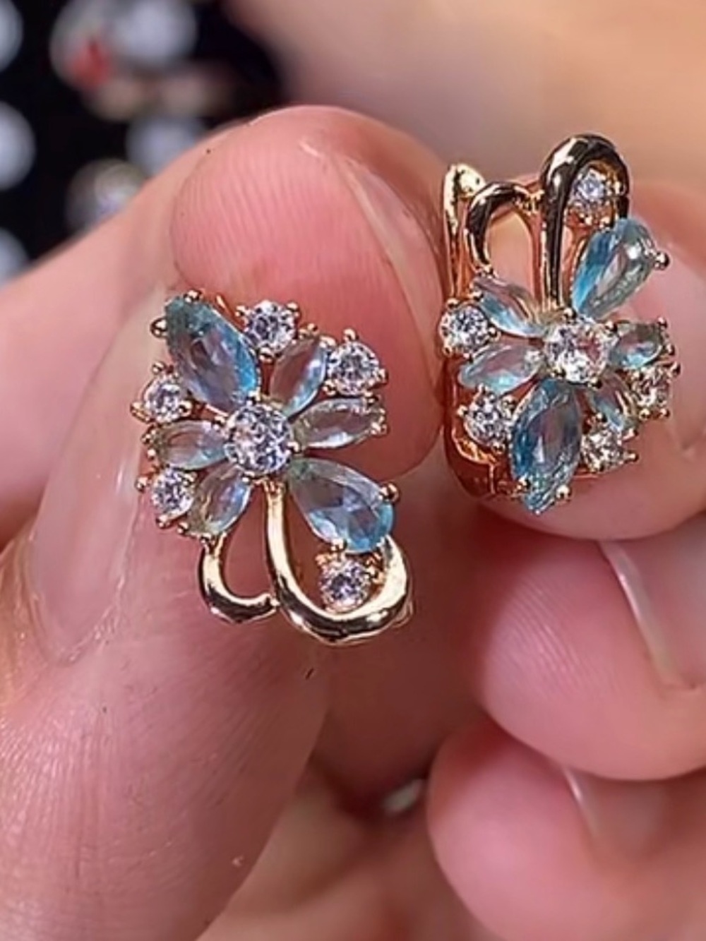 Rose Gold Floral Blue Crystal Earrings - Elegant Women’s Jewelry